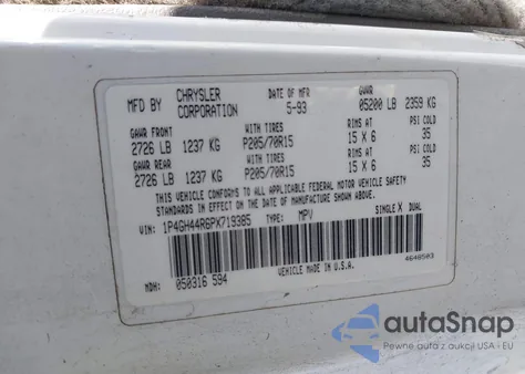 1993 Plymouth Grand Voyager Se from USA, damaged, VIN 1P4GH44R6PX719385